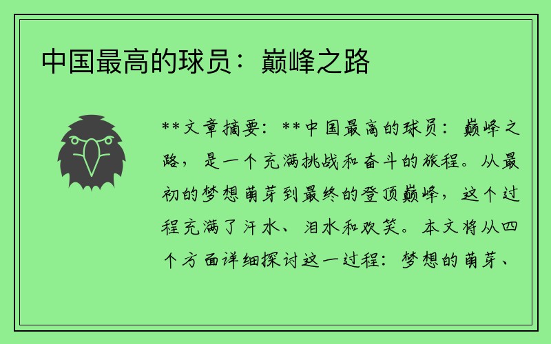 中国最高的球员：巅峰之路